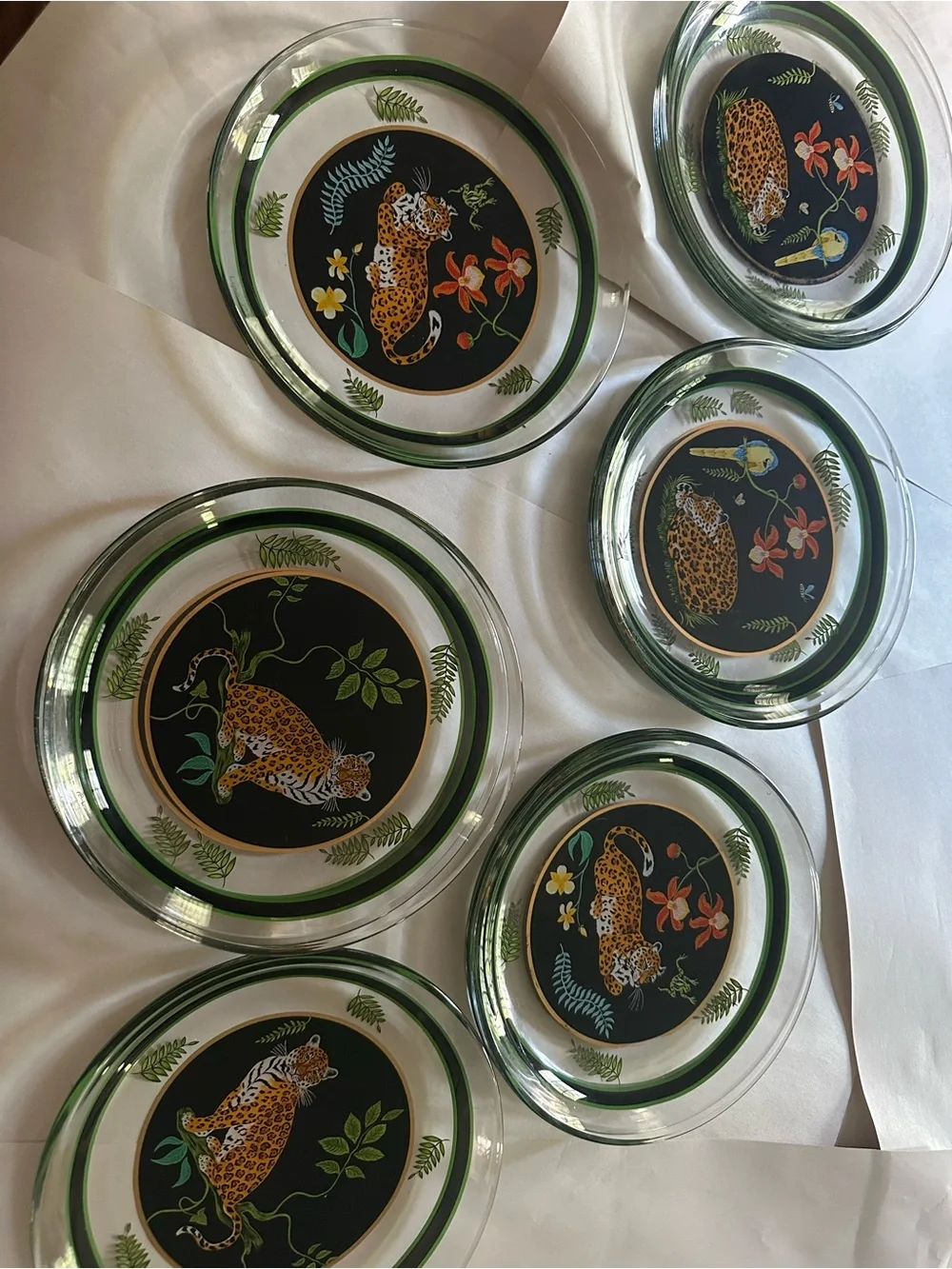 Set of 10 Lynn Chase Decorative Leopard Glass salad Plates- Green Accent